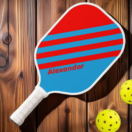 Palas De Pickleball Vintage Sport Electric Blue Red Stripes con nombre