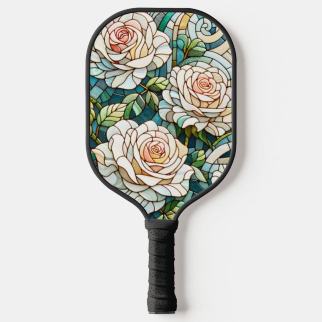 Palas De Pickleball White Roses Stained Glass Mosaic (Anverso)