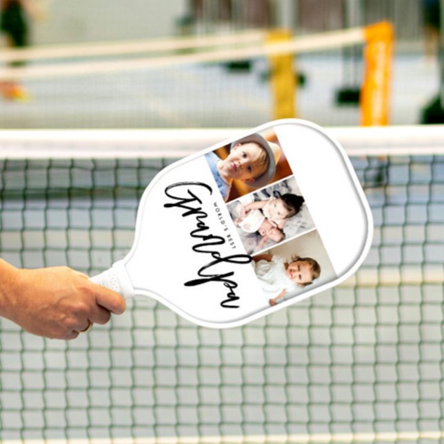 Palas De Pickleball World's Best Grandpa Photo gift Collage Custom (World's best grandpa modern script photo collage pickleball paddle)