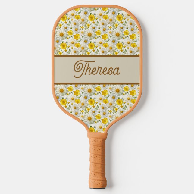 Palas De Pickleball Yellow Wildflowers Pattern Monogram Name (Anverso)