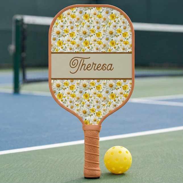 Palas De Pickleball Yellow Wildflowers Pattern Monogram Name (Subido por el creador)