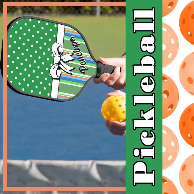 Palas de verano de baloncesto puntos verdes puntos (Pickleball Summer Stripes Green Dots White Bow Pickleball Paddle)