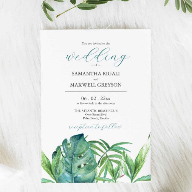 Palm de invitaciones a bodas de destino tropical (Wedding invitation destination weddings watercolor tropical palm leave art by Victoria Grigaliunas)