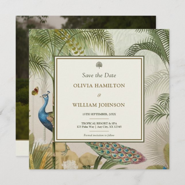 Palm de pavo real tropical cuadrado salva la fecha (Anverso / Reverso)