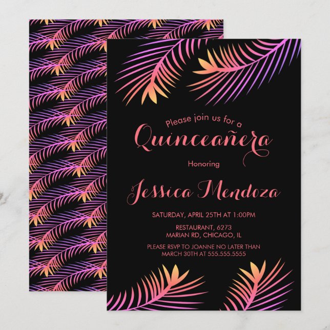 Palm Leaf Tropical Quinceañera Sweet 16 Invitación (Anverso / Reverso)