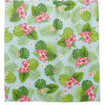 Palm Leaf Verde Rosa Hibiscus Cortina de ducha