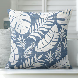 Palm Leaves Cojín decorativo azul y blanco