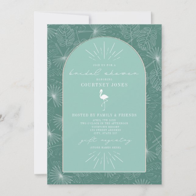 Palm Leaves Flamingo Aqua Bridal Shower Invitación (Anverso)