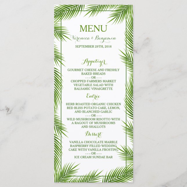 Palm Leaves Tropical Beach Wedding Menu (Anverso)