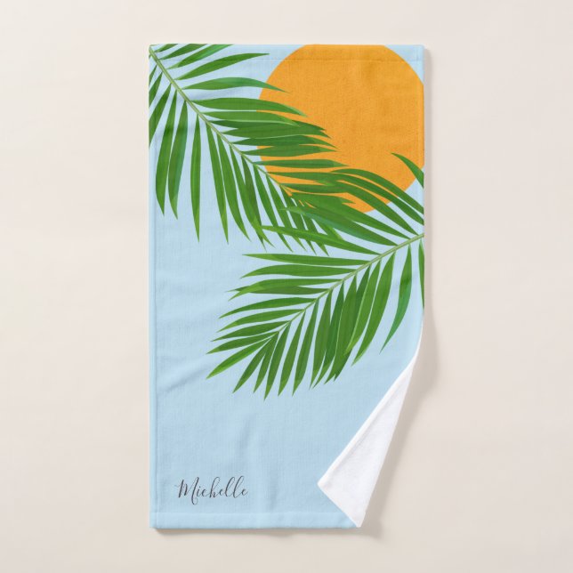 Palm Sun Tropical Retro Nombre mínimo azul (Toalla de mano)