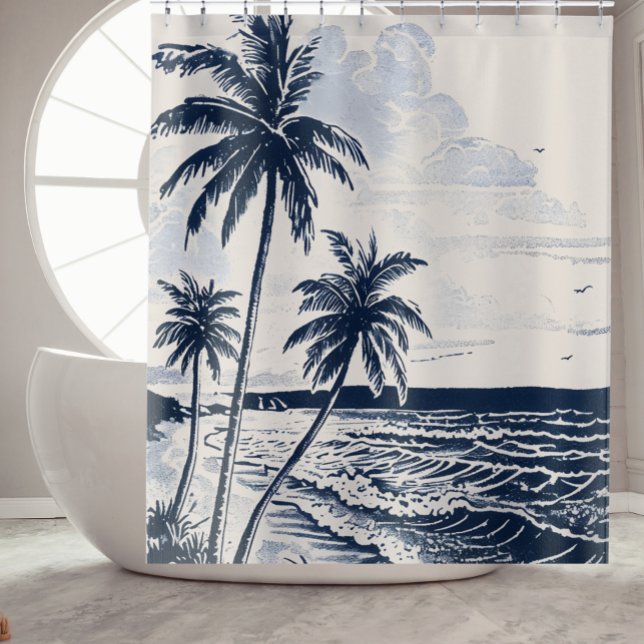 Palm Tree Beach Ducha Cortina Decoración del cuart (Vintage-style beach scene with palm trees and ocean waves in navy blue and soft blue tones.)