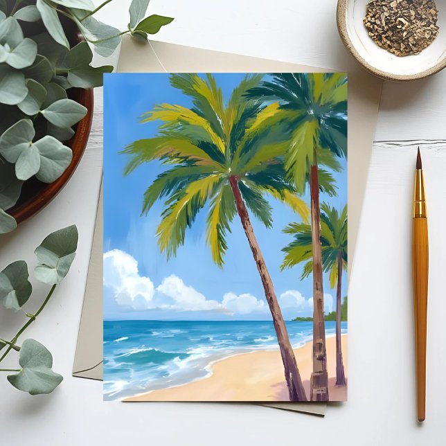 Palm Tree Beach | Tropical Watercolor Blue Card (Subido por el creador)