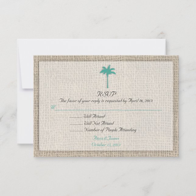 Palm Tree & Burlap Beach Wedding RSVP Turquoise (Anverso)
