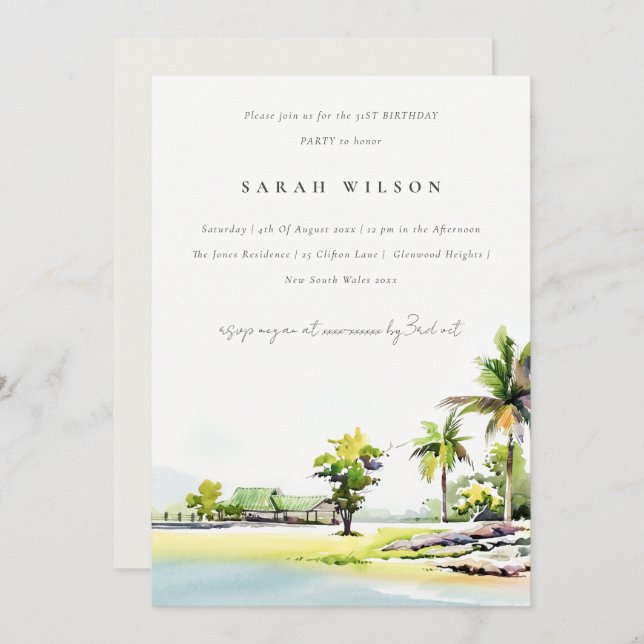 Palm Tree costera de playa Invitación de cumpleaño (Anverso / Reverso)