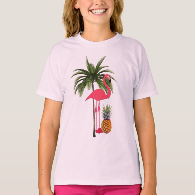 Palm Tree, Flamingo Rosa, Camiseta de Chica de piñ (Anverso)