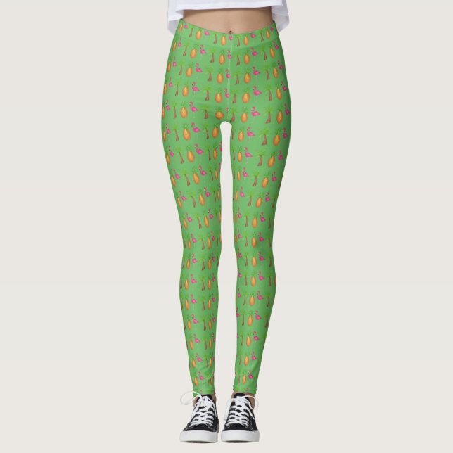 Palm Tree Green Island Pineapple Flamingo Leggings (Anverso)