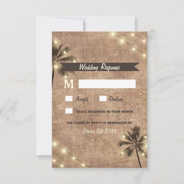 Palm Tree Vintage Lights Beach Wedding RSVP Cards (Anverso)