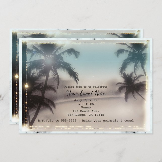 Palm Trees Elegant Tropical Invitaciones A La Play (Anverso / Reverso)