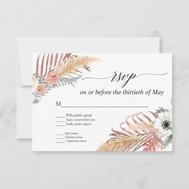 Palm Tropical Boho Pampas Grass White Floral RSVP (Anverso)