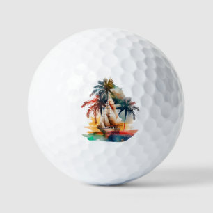 Palm tropical colorida y bolas de golf de velero