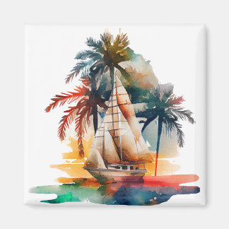 Palm tropical colorida y imán de velero