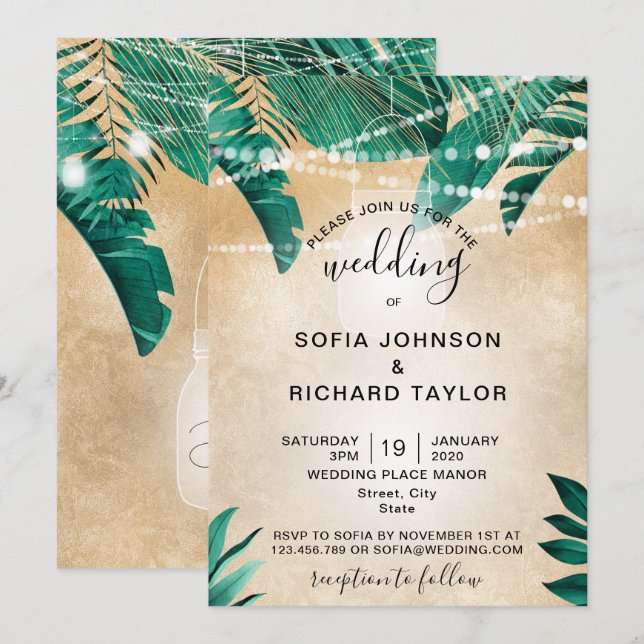 Palm tropical deja oro de jarra ligera invitación (Anverso / Reverso)