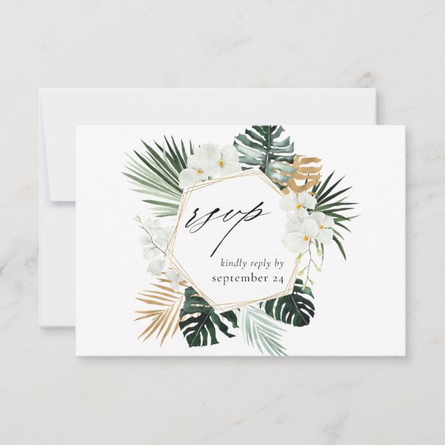 Palm Tropical & Floral blanca con Carne RSVP Tarje (Anverso)