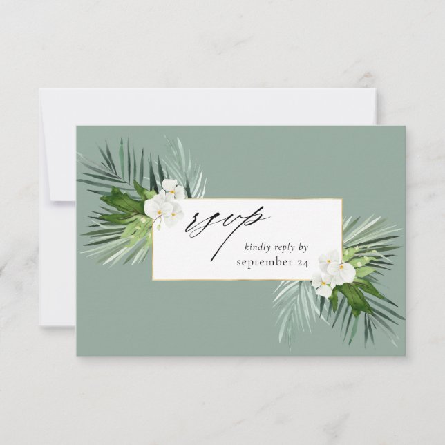 Palm Tropical & Floral Blanca con Carne RSVP Tarje (Anverso)