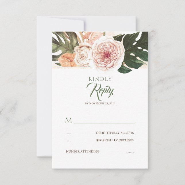 Palm Tropical Floral Leaves Boda RSVP (Anverso)