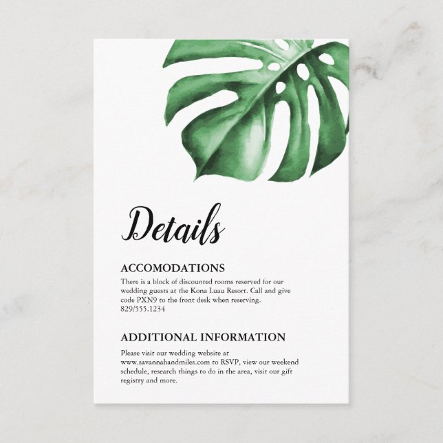 Palm Tropical Monstera Tarjeta de detalles de hoja (Anverso)