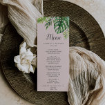 Palm Tropical Salvaje | Menú de cena Boda de Rubor<br><div class="desc">Esta carta de menú de boda salvaje con palmeras tropicales es perfecta para una boda en la playa o en el destino. El diseño presenta una exótica variedad de hojas de plátano de palmera de color agua verde, helechos, follaje, plantas botánicas y vegetación en un fondo rosa de color rosa...</div>