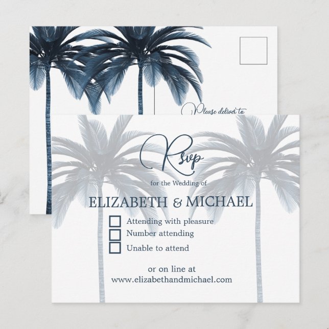 Palma Azul Elegante Tarjeta de Respuesta para Boda (Anverso / Reverso)