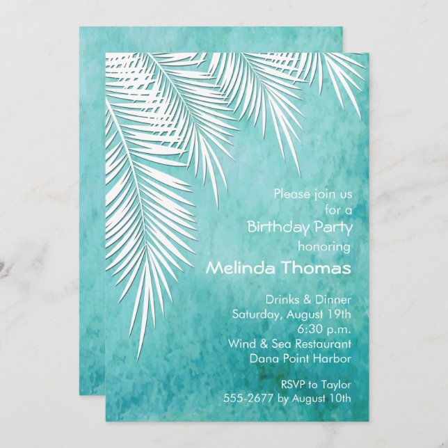 Palmeras blancas en invitación al cumpleaños azul  (Anverso / Reverso)
