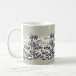 Palmeras botes playa café taza de té