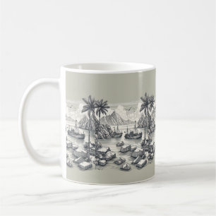 Palmeras botes playa café taza de té