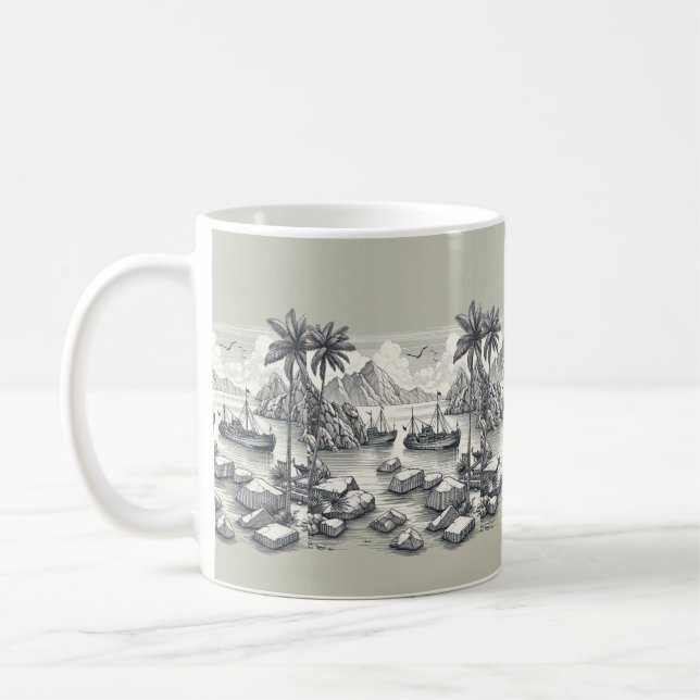 Palmeras botes playa café taza de té (Izquierda)