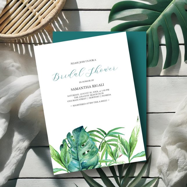 Palmeras de playa tropical acuarela Ducha nupcial (Bridal shower invitations watercolor tropical leaves art by Victoria Grigaliunas Do Tell A Belle)