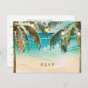 Palmeras iluminan playa boda postal rsvp