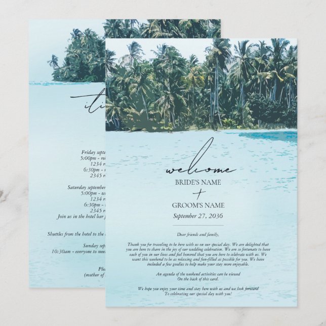 Palmeras Tropical Watercolor Beach Wedding Itinera (Anverso / Reverso)