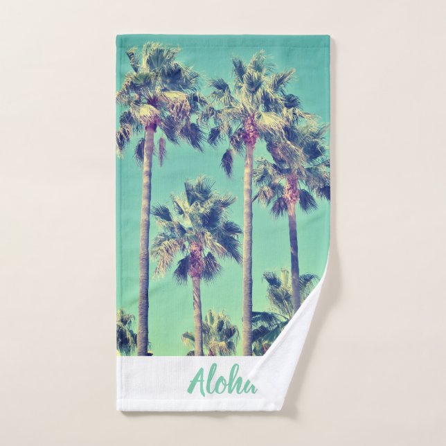Palmeras tropicales contra el Verde azulado Aloha  (Toalla de mano)