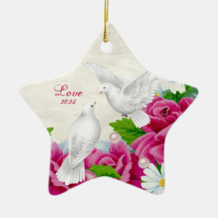 Palomas del amor + Flores - ornamento en forma de