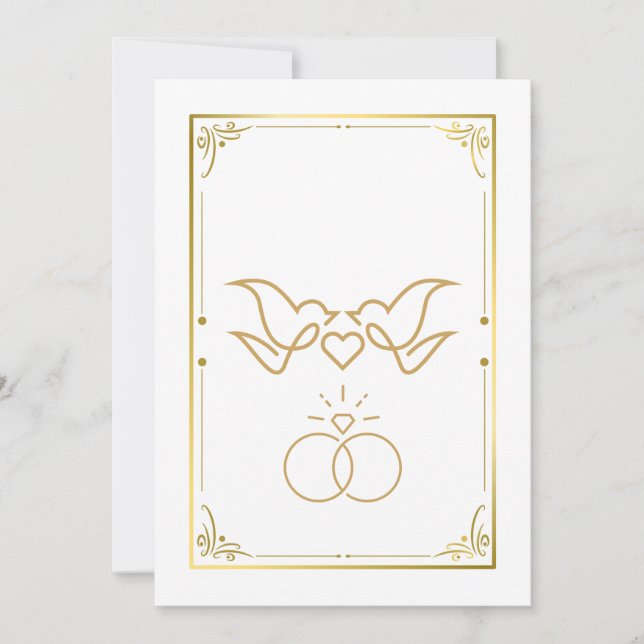 Palomas doradas y anillos - Elegante invitación a  (Anverso)
