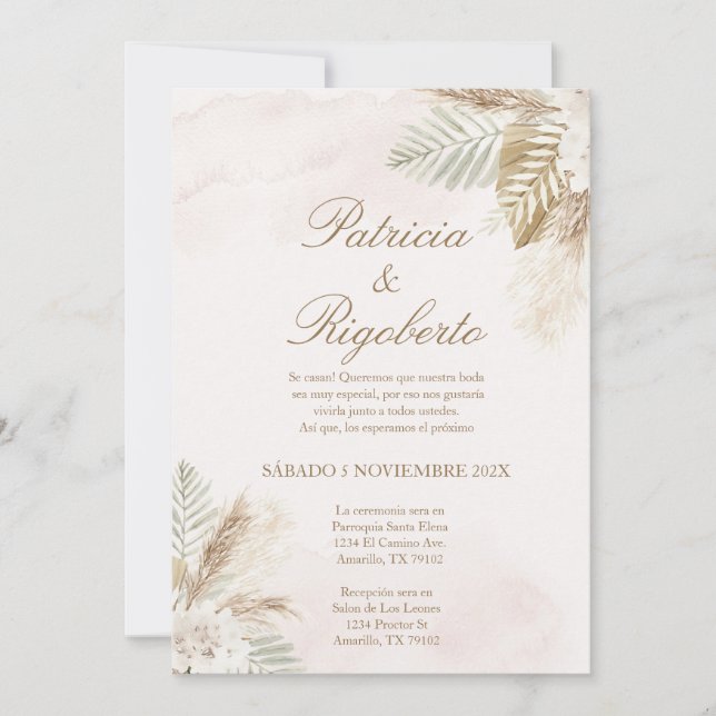 Pampas beige elegante invitación a la boda en espa (Anverso)
