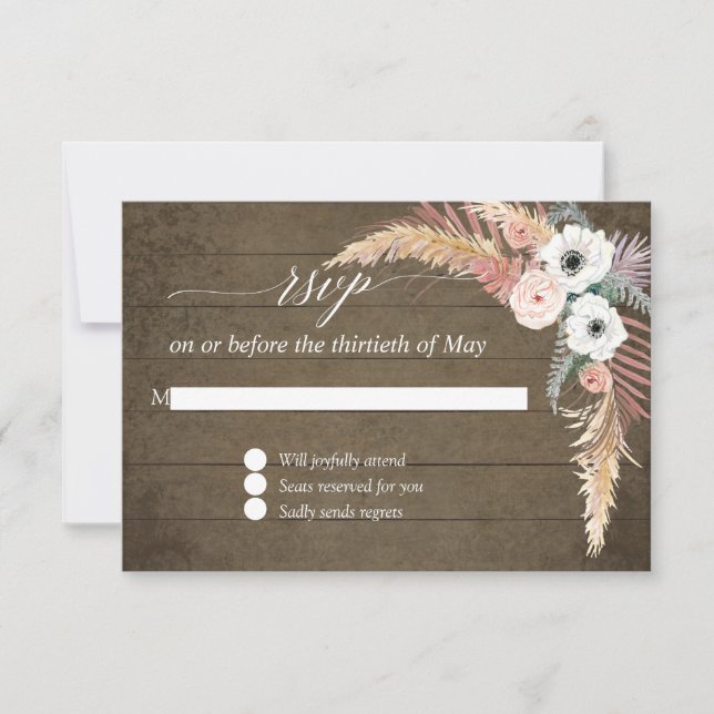 Pampas Grass Boho Rubor White Floral Wood RSVP (Anverso)