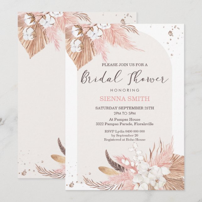 Pampas Grass Bridal Shower Invitación Boho Arch (Anverso / Reverso)