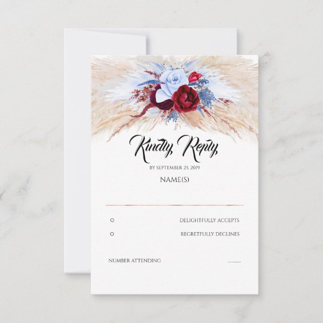 Pampas Grass Burgundy Red Dusty Blue Wedding RSVP (Anverso)