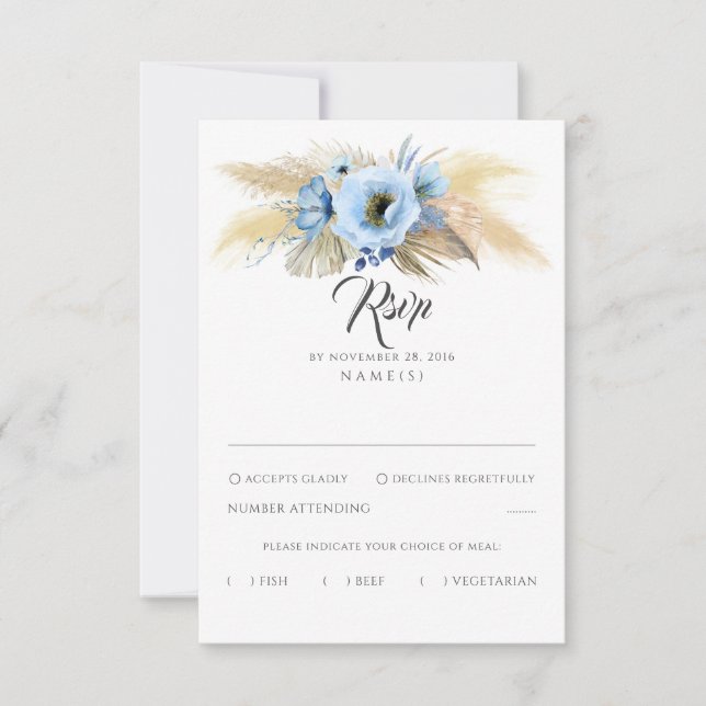 Pampas Grass Dusty Blue Floral Wedding RSVP (Anverso)