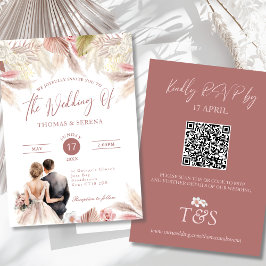 Pampas Grass QR Code RSVP Boda Boho Invitación