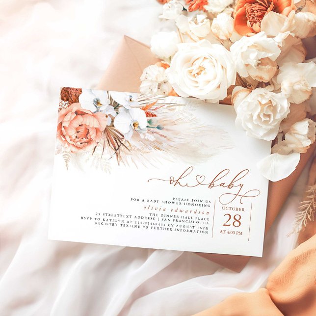 Pampas Grass Terracotta Oh Invitación Baby Shower (Oh Baby Terracotta Boho Floral Baby Shower Invitations)