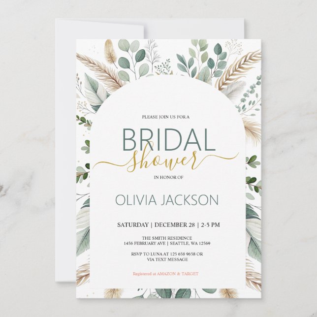 Pampas Invitación a ducha de novias Rustic Boho (Anverso)
